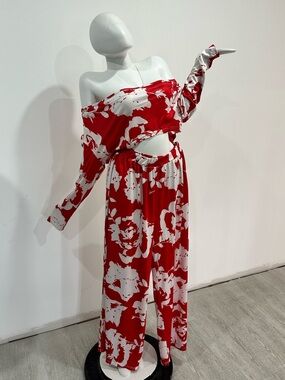Red & White Floral Off-Shoulder pant set